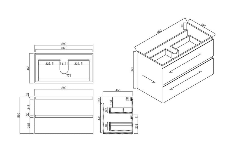 BNK Naga 900mm Wall Hung  All Drawer  Plywood Timber Wood Grain 1TH Inc. Ceramic Basin