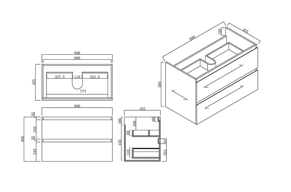 Naga 900mm Wall Hung  All Drawer  Plywood Timber Wood Grain 1TH Inc. Ceramic Basin