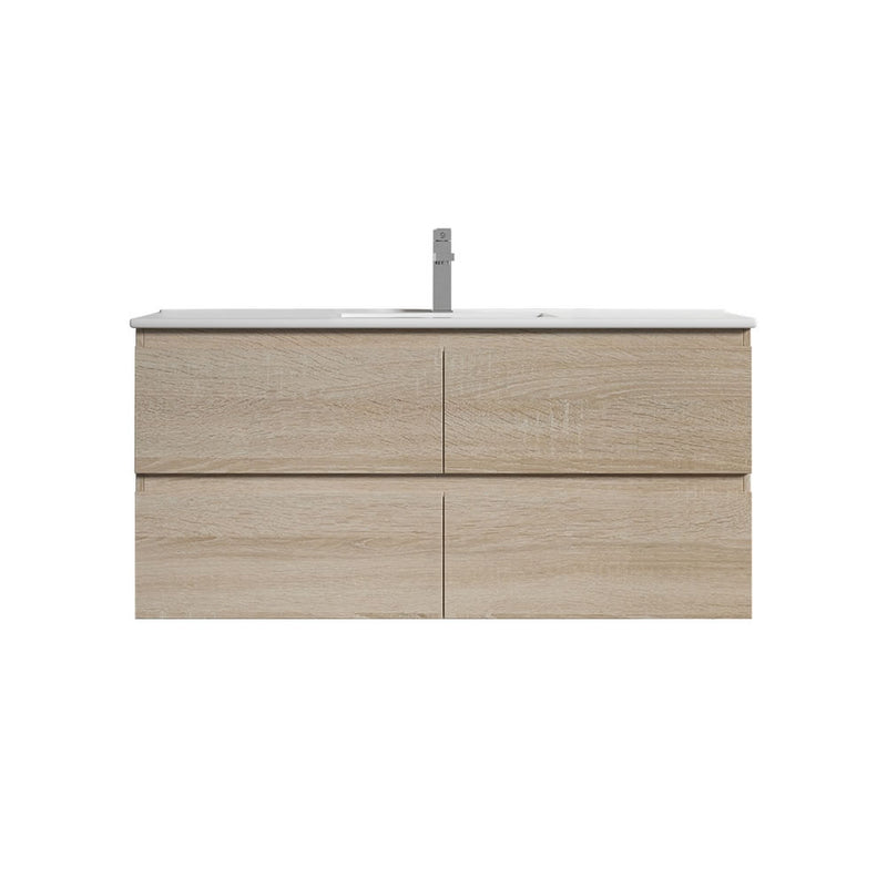 BNK Naga 1200mm Wall Hung All Drawer Plywood Timber Wood Grain 1TH Inc. Single Ceramic Basin