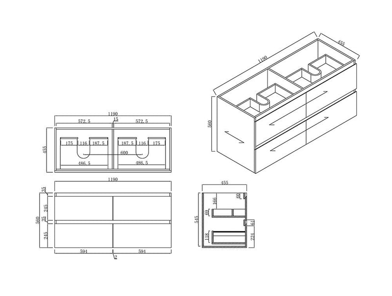BNK Naga 1200mm Wall Hung All Drawer Plywood Timber Wood Grain 1TH Inc. Double Ceramic Basin