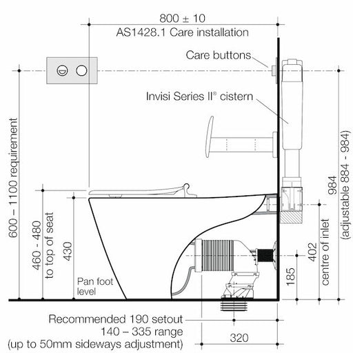 Caroma Care 800 Cleanflush® Invisi Series II® Wall Faced Suite with Backrest and Pedigree II Care Single Flap Seat