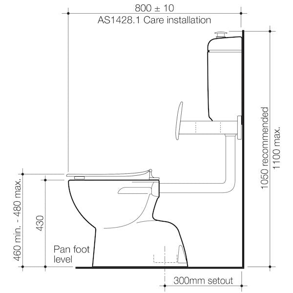 Caroma Care 400 Connector (S Trap) Suite with Backrest and Caravelle Care Single Flap Seat - Sorrento Blue