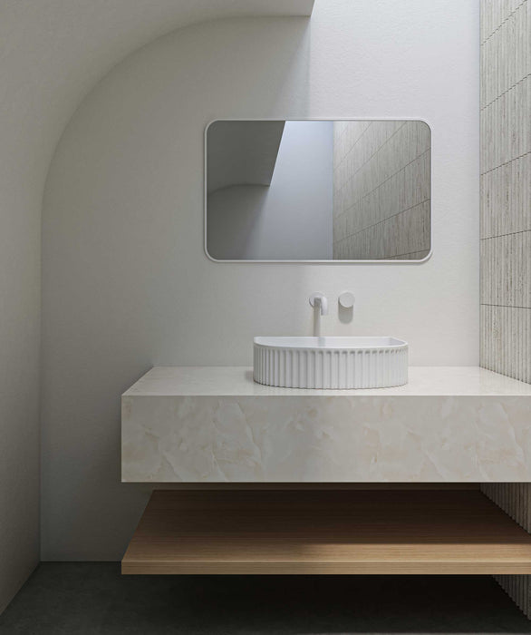 Cleo 410 - White Matte & White Gloss Ceramic Above Counter Basin, D-shaped