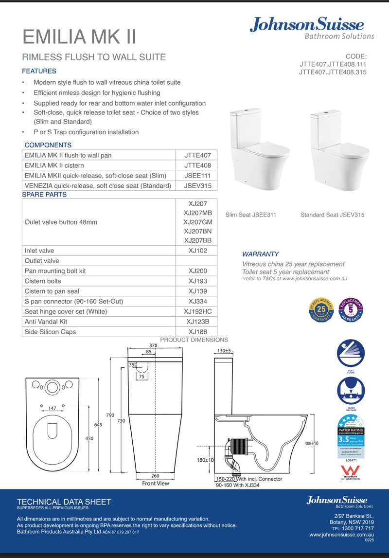 Johnson Suisse Emilia Back To Wall Rimless Toilet Suite With Polypropylene Soft Close Seat
