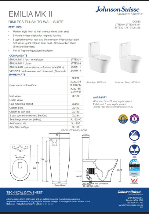 Johnsons Suisse Emilia Back To Wall Rimless Toilet Suite With Polypropylene Soft Close Seat