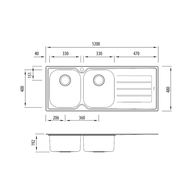Oliveri Flinders Double Bowls Topmount Sink With Drainer 1200mm No Tap Hole