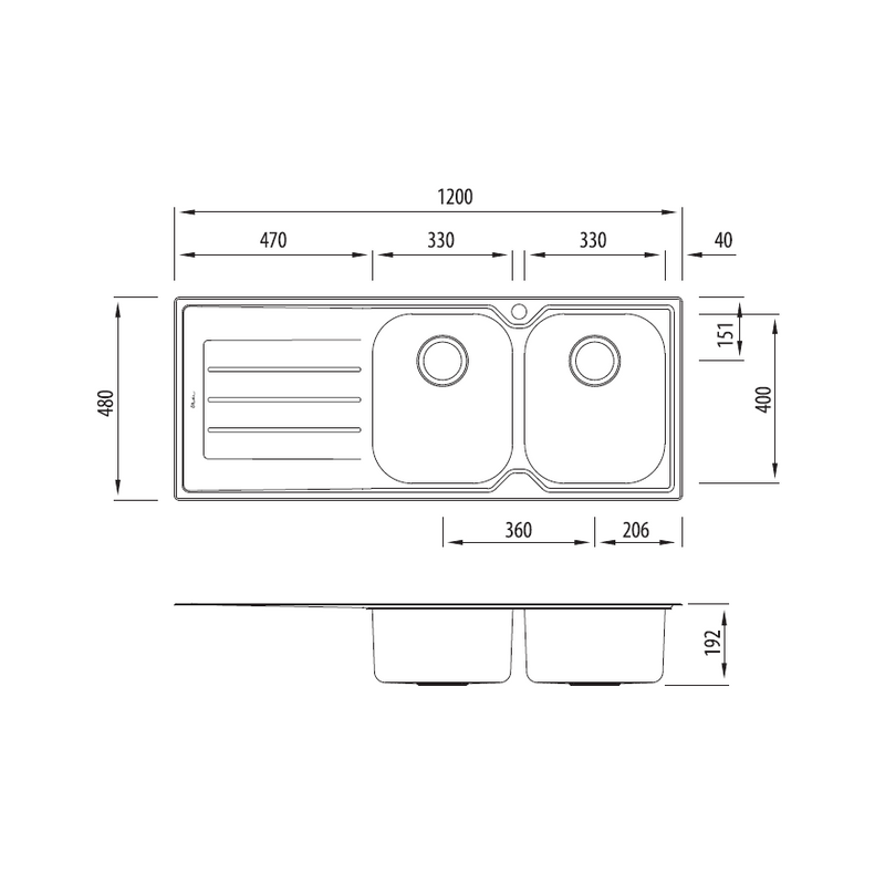 Oliveri Flinders Double Bowls Topmount Sink With Drainer 1200mm No Tap Hole