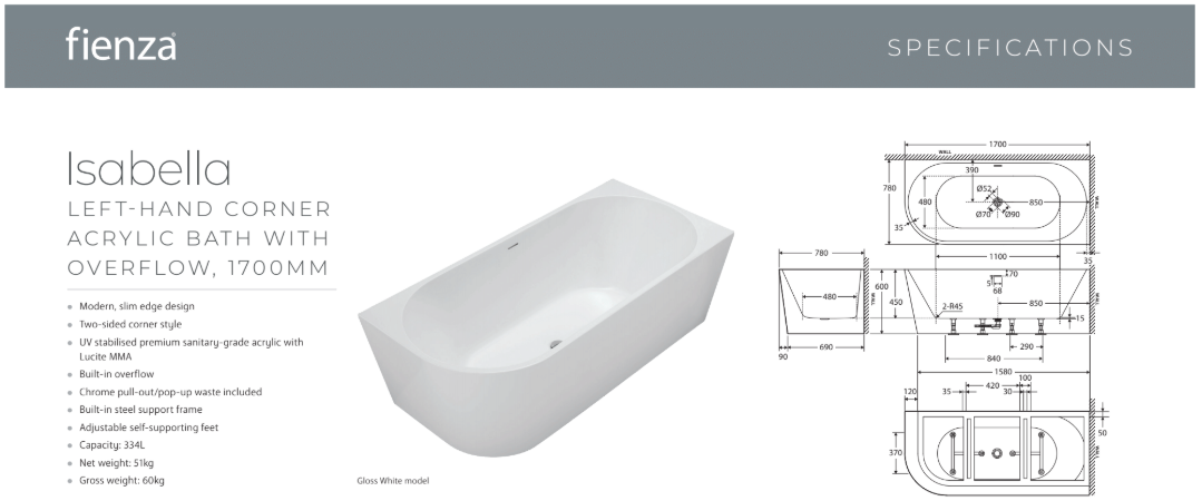 Fienza Isabella Left-Hand Acrylic Corner Bath with Overflow, Gloss White, 1700mm