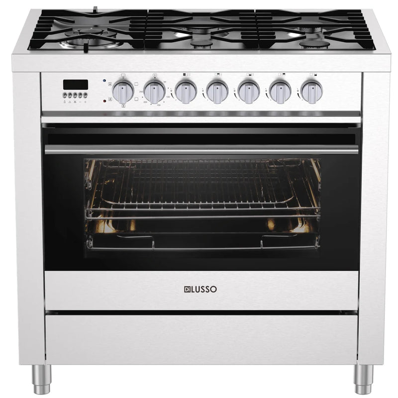 Dilusso Appliances 900mm Freestanding Dual Fuel Cooker - 10 Functions Electric Oven, 4 x Telescopic Rails, 5 Sabaf Burners (Side Wok burner), Cast Iron Trivets, SS colour knobs
