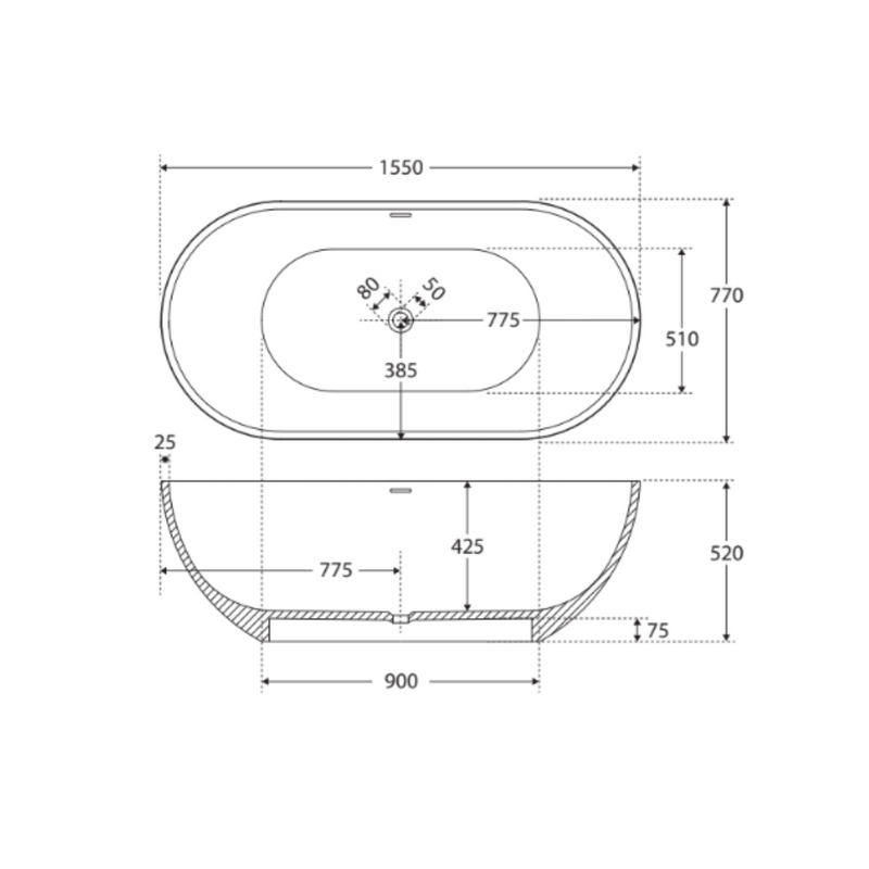 Fienza Nero Solid Surface Bath, 1550mm