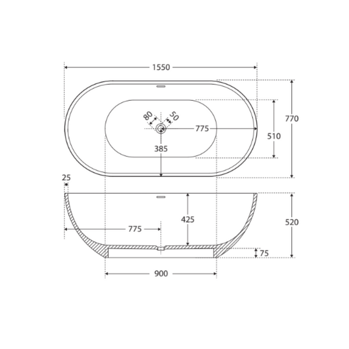 Fienza Nero Solid Surface Bath, 1550mm