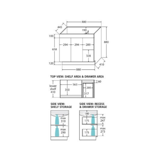 Fienza UniCab 900 Cabinet on Kickboard, Right Hand Drawers