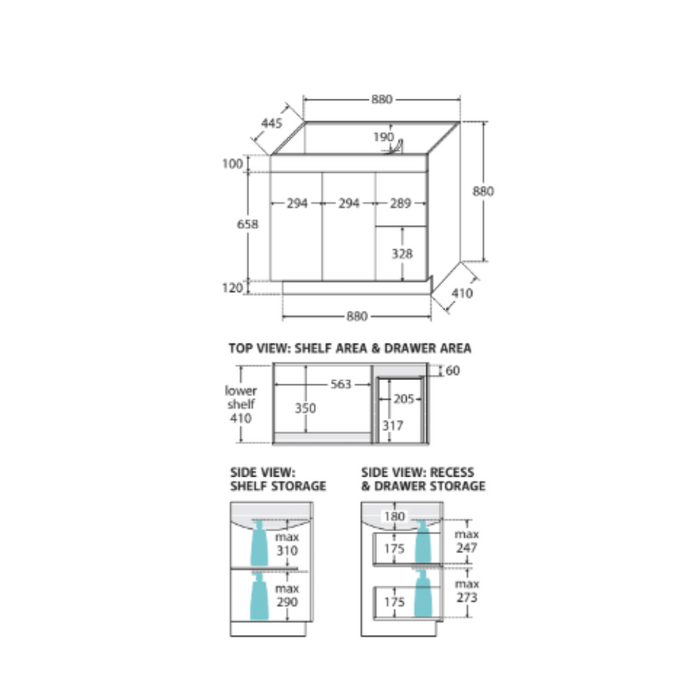 Fienza UniCab 900 Cabinet on Kickboard, Right Hand Drawers