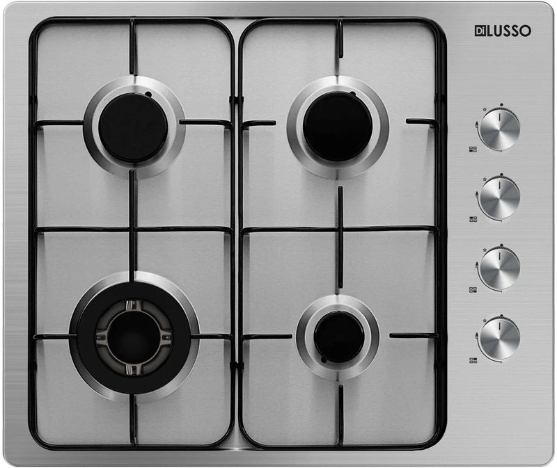 Dilusso Appliances 600mm Stainless Steel Gas Cooktop - 4 Sabaf Burners incl. Wok burner, FFD, Black Enamelled Trivets