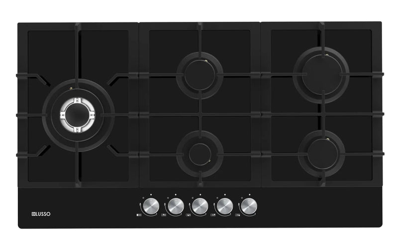 Di Lusso Appliances 900mm Black Glass Gas Cooktop - 5 Sabaf Burners incl Side Wok burner, FFD, Cast Iron Trivets *NEW *