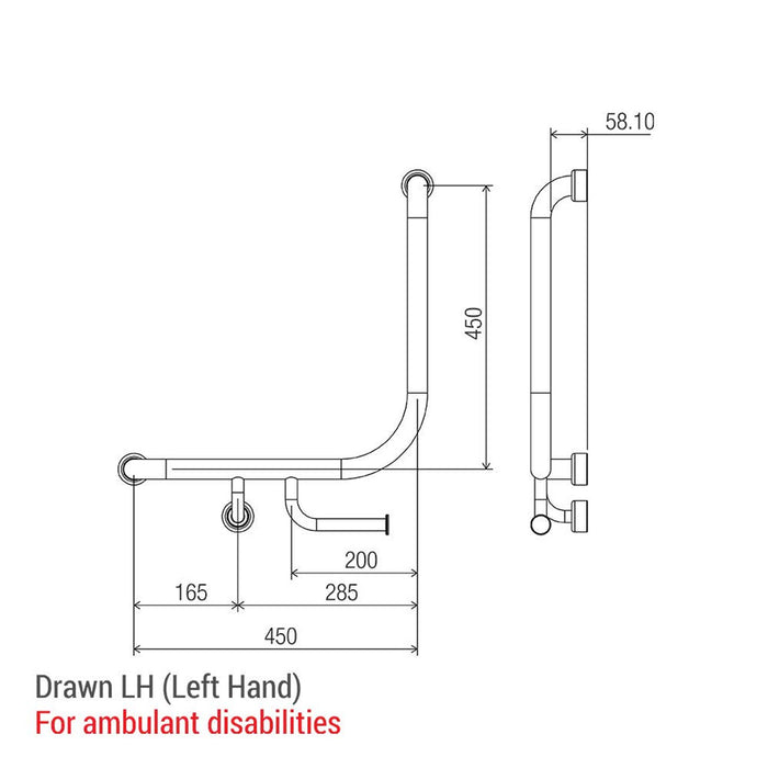 Conserv Hygienic Seal® 90° Ambulant & Accessible Grab Rail with Toilet Paper Holder 450mm x 450mm