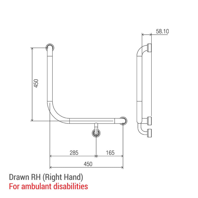 Conserv Hygienic Seal® 90° Ambulant & Accessible Grab Rail with Toilet Paper Holder 450mm x 450mm