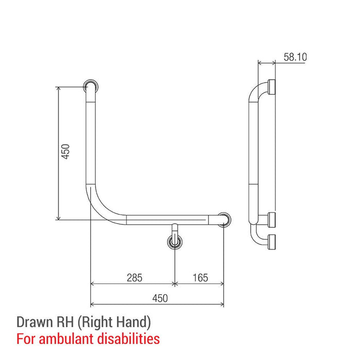 Conserv Hygienic Seal® 90° Ambulant & Accessible Grab Rail with Toilet Paper Holder 450mm x 450mm