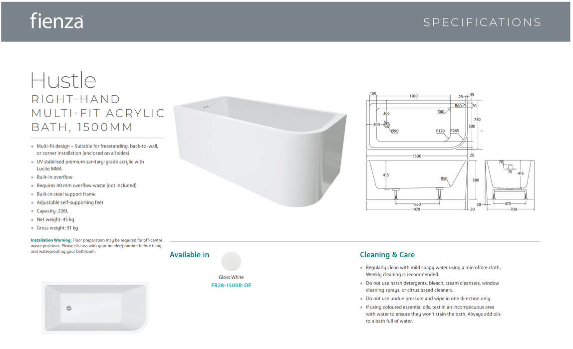Hustle Right-Hand Multi-Fit Acrylic Bath with Overflow,