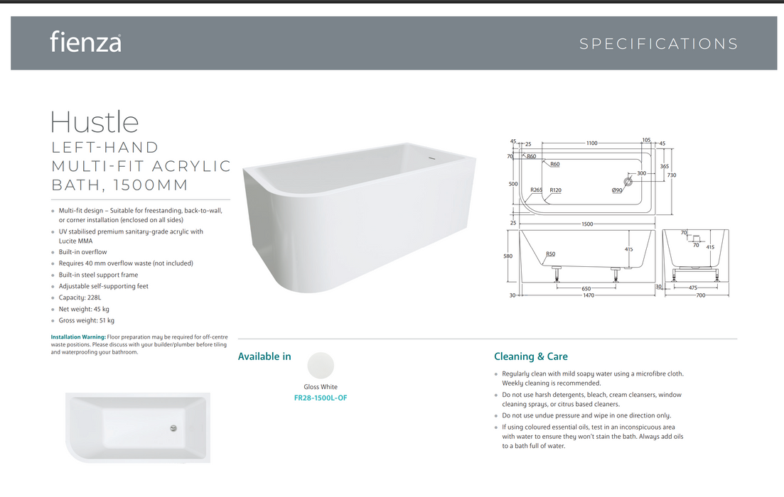 Hustle Right-Hand Multi-Fit Acrylic Bath with Overflow,