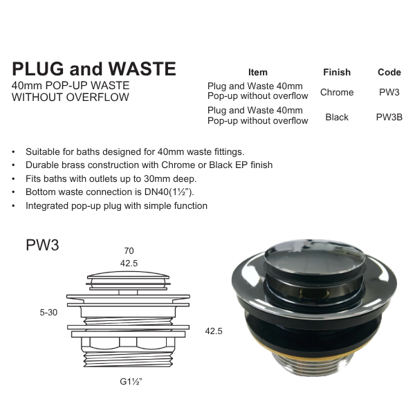Plug & Waste PopUp 40mm No Overflow Chrome