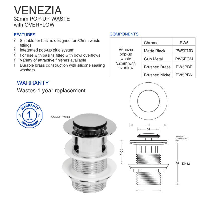 Venezia Pop-Up Plug & Waste 32mm with Overflow