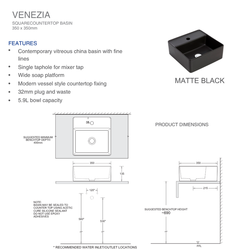 VENEZIA SQUARE C/T BASIN 350X350 1TH MATTE BLACK W/BLK POP-UP