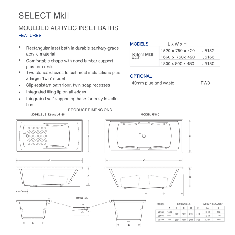 SELECT MKLL ACRYLIC BATH 1520 X 750 X 420 WITH 40MM POP-UP P&W NO OF