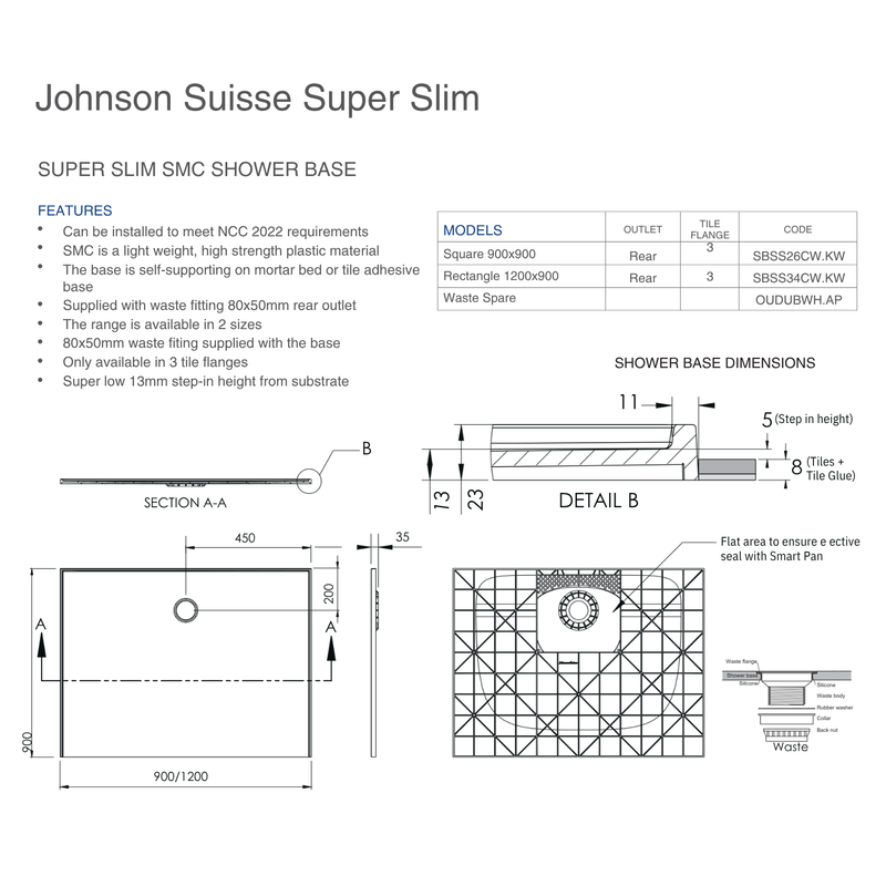 SUPER SLIM SMC SHOWER BASE 3TL RO WITH WASTE