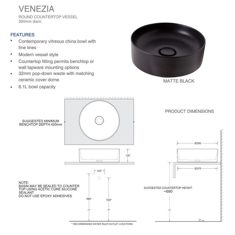 VENEZIA ROUND C/T BASIN 390X390 0TH MATTE BLACK W/PEBBLE & CHR POP-DOWN