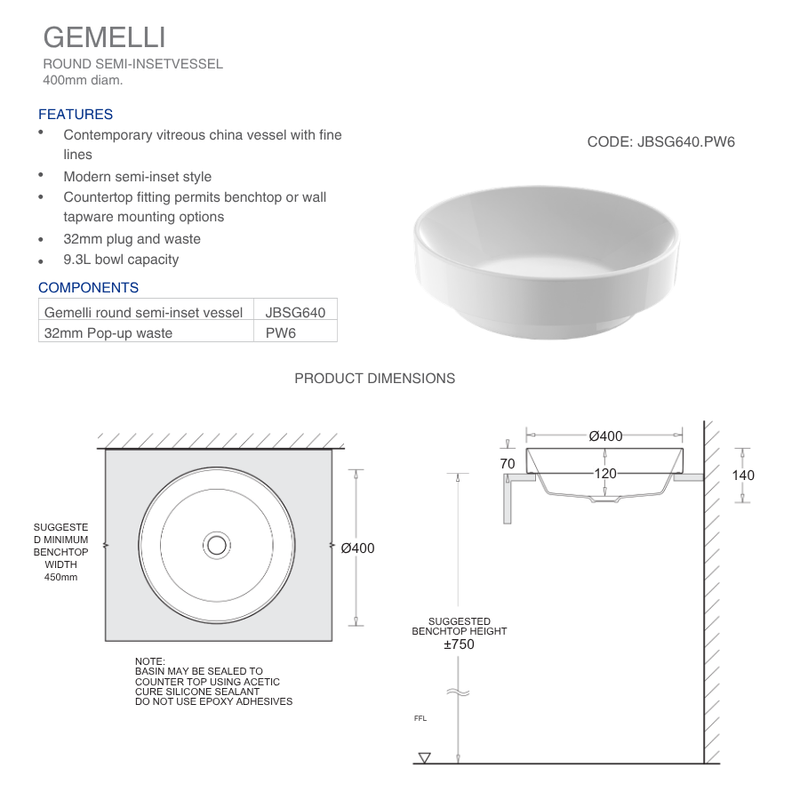 GEMELLI ROUND SEMI-INSET BASIN