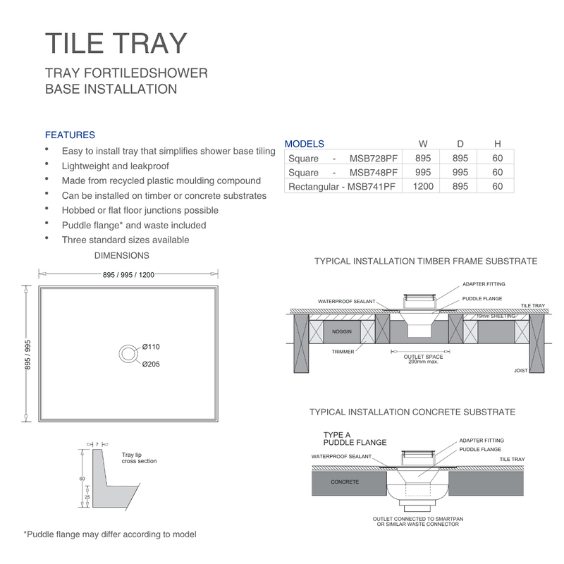 TILE TRAY BMC 990 X 990 WITH PUDDLE FLANGE C/O