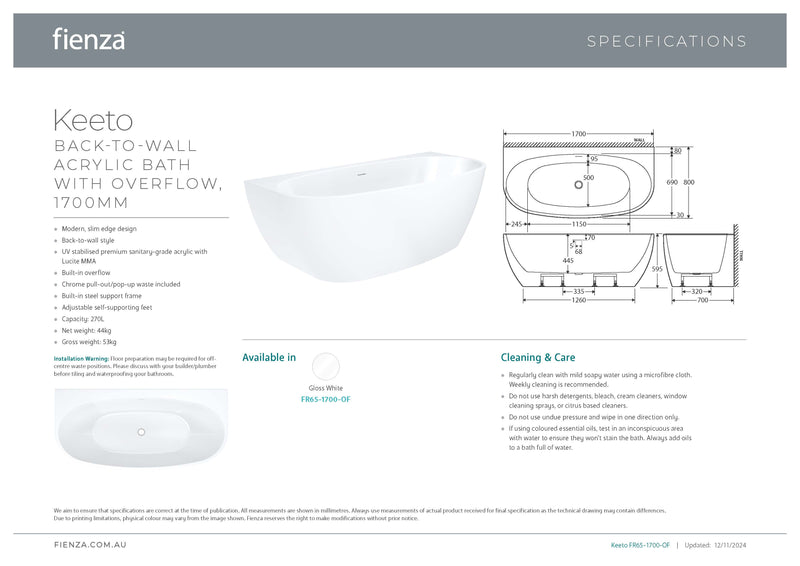 Keeto Back-To-Wall Acrylic Bath with Overflow, 1700mm