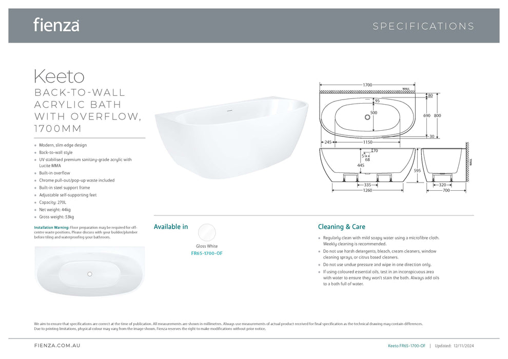 Keeto Back-To-Wall Acrylic Bath with Overflow, 1700mm