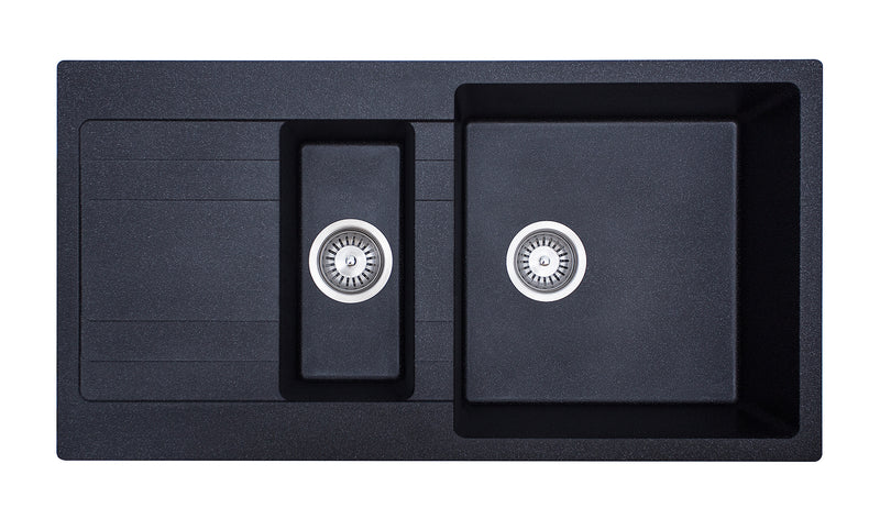 Modern National Ria One & Quarter Bowl Granite Sink 960 x 500 x 208/143mm - 30L + 8L - Black Graphite