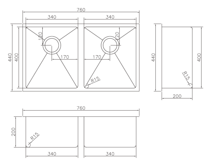 Modern National Double Bowl Sink  760 X 440 X 200MM - 26L + 26L