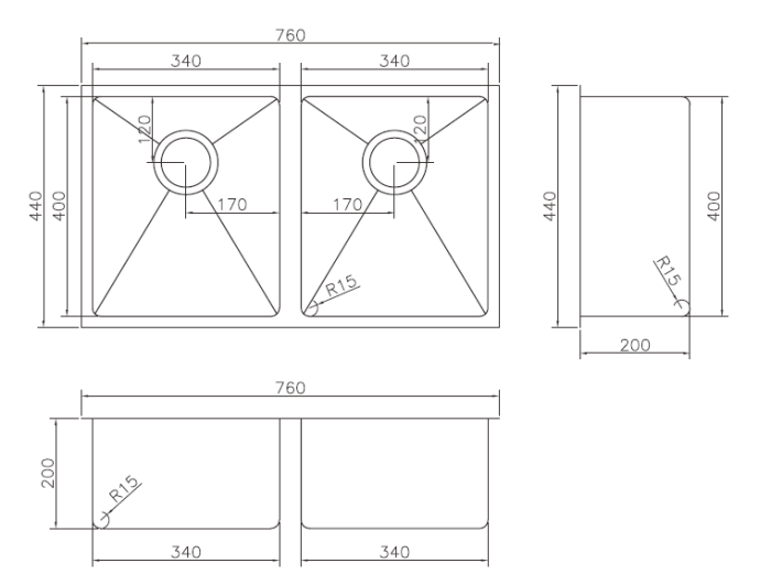 MODERN NATIONAL Double Bowl Sink  760 X 440 X 200MM - 26L + 26L