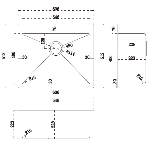 Modern National Single Bowl Sink  606 X 512 X 228MM - 49L