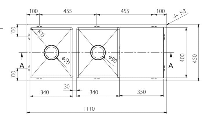 Modern National Double Bowl Sink 1100 X 450 X 200MM - 22L + 26L