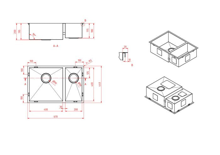 Modern National One & Half Bowl Sink  670x440x200/180MM - 14L + 31L