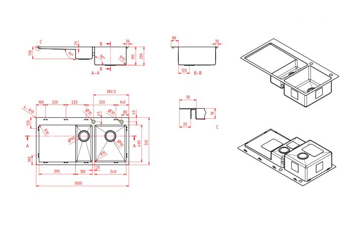 Modern National One & Quarter Bowl Sink  1000x510x200/130MM - 7L + 26L