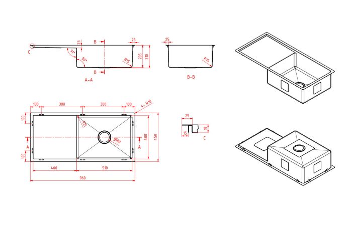 Modern National Single Bowl Sink  960 x 450 x 210MM - 44L