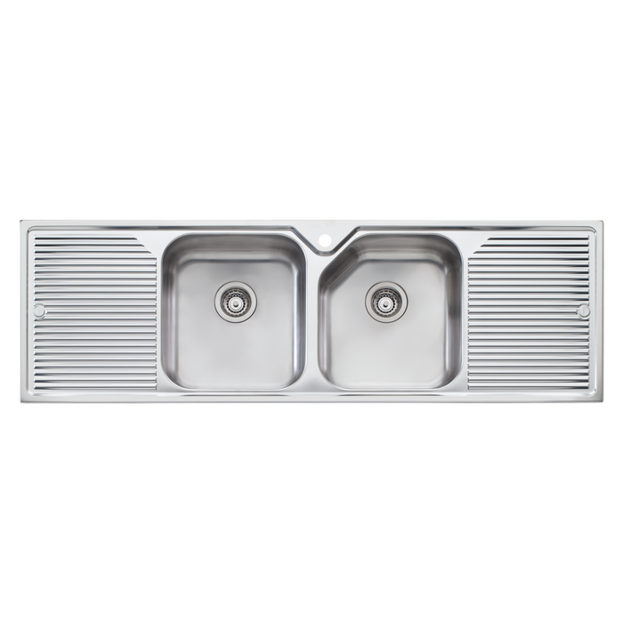 Oliveri Nu-Petite Double Bowl Topmount Sink With Double Drainer 1550mm Double Centre Bowl