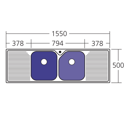 Oliveri Nu-Petite Double Bowl Topmount Sink With Double Drainer 1550mm Double Centre Bowl