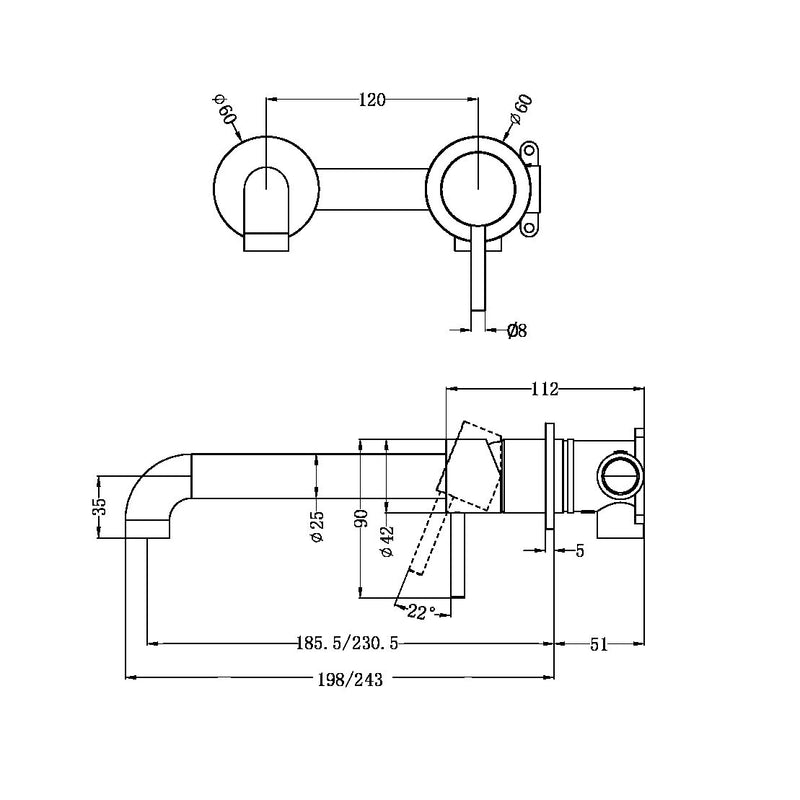 Nero Zen SS316L Wall Basin/Bath Mixer Separate Back Plate Spout