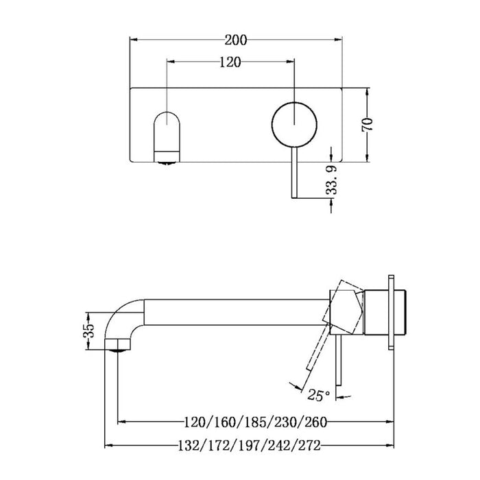 Nero Mecca Wall Basin/Bath Mixer 120/160/185/230/260mm Trim Kits