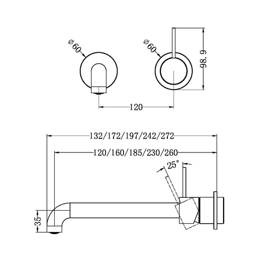 Nero Mecca Wall Basin/Bath Mixer Separate Back Plate Handle Up Trim Kits