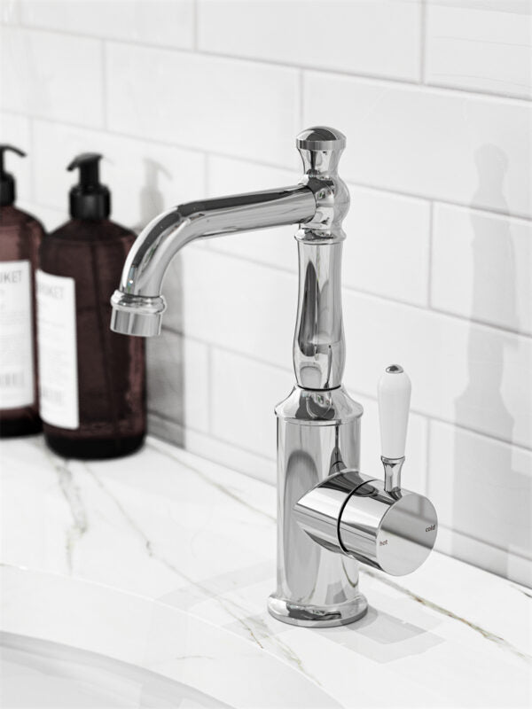 Nero York Basin Mixer with White Porcelain Lever