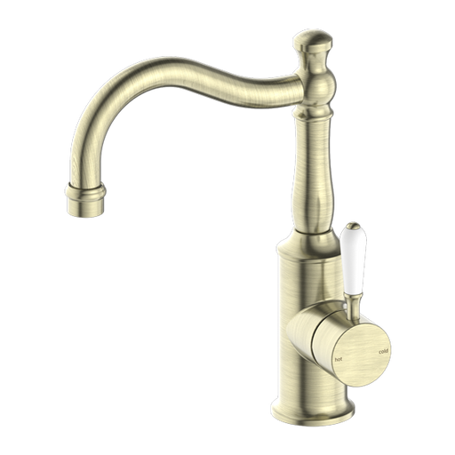 Nero York Basin Mixer Hook Spout with White Porcelain Lever