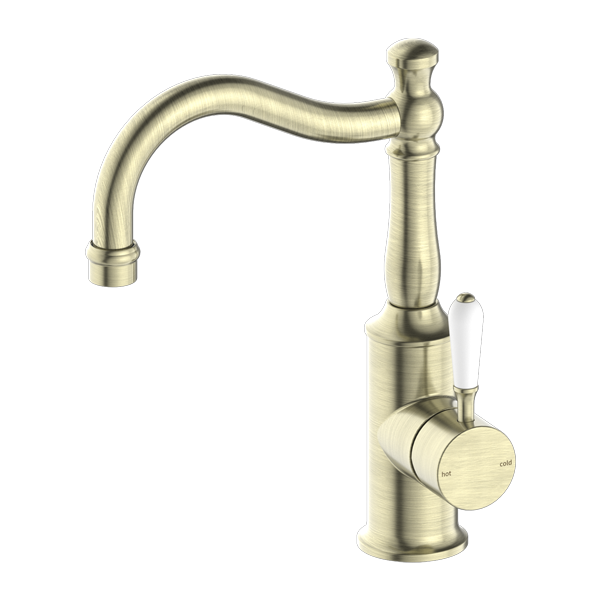 Nero York Basin Mixer Hook Spout with White Porcelain Lever